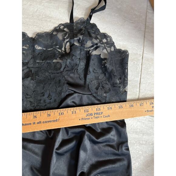 Vintage Satin Full Slip Knee Dress Small 36 Sheer Lace Black Lingerie Goth Sexy - Picture 11 of 16